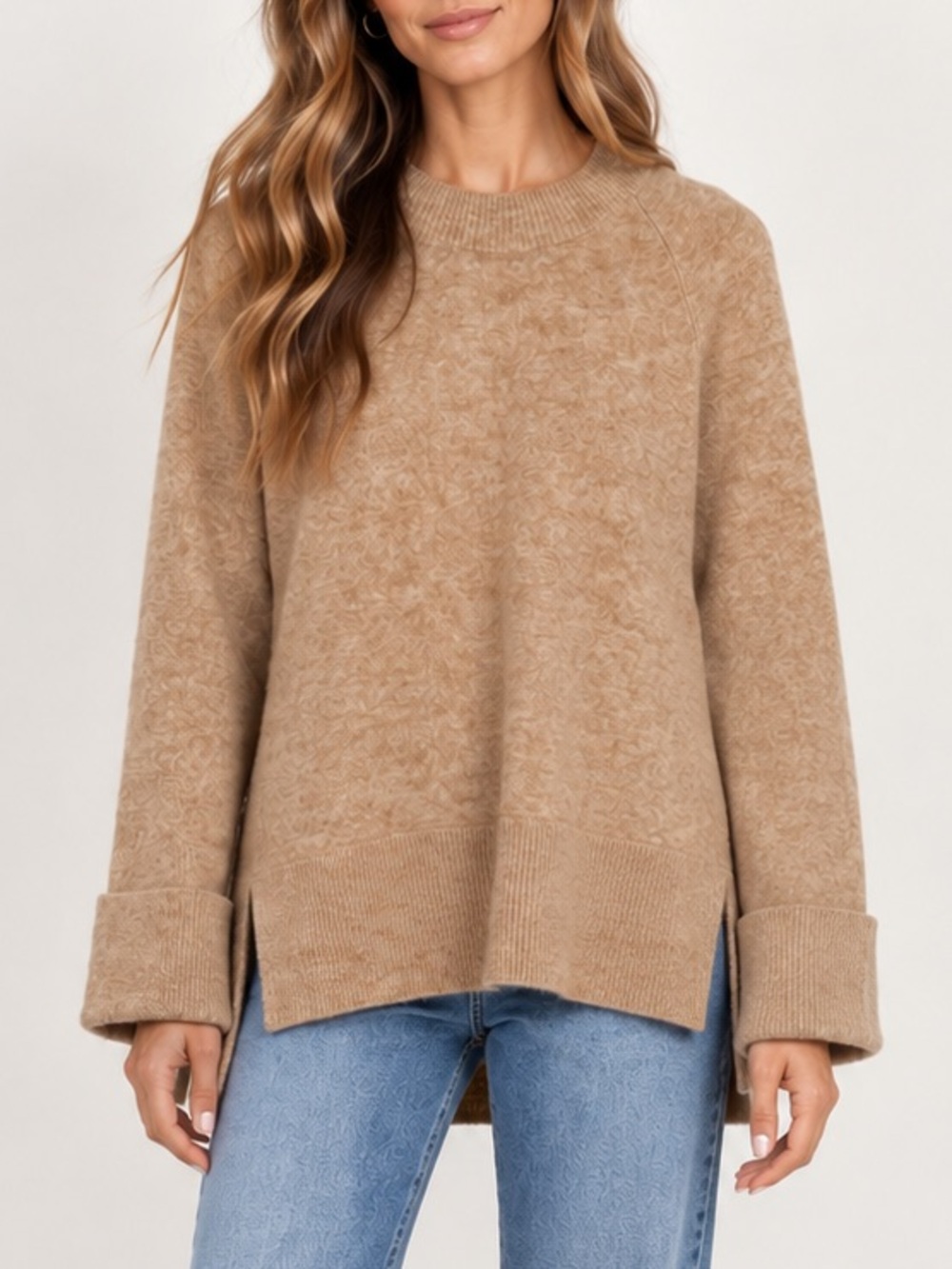 3.1 Phillip Lim Camel Tan Oversized High Low Crewneck Alpaca Wool Sweater Medium